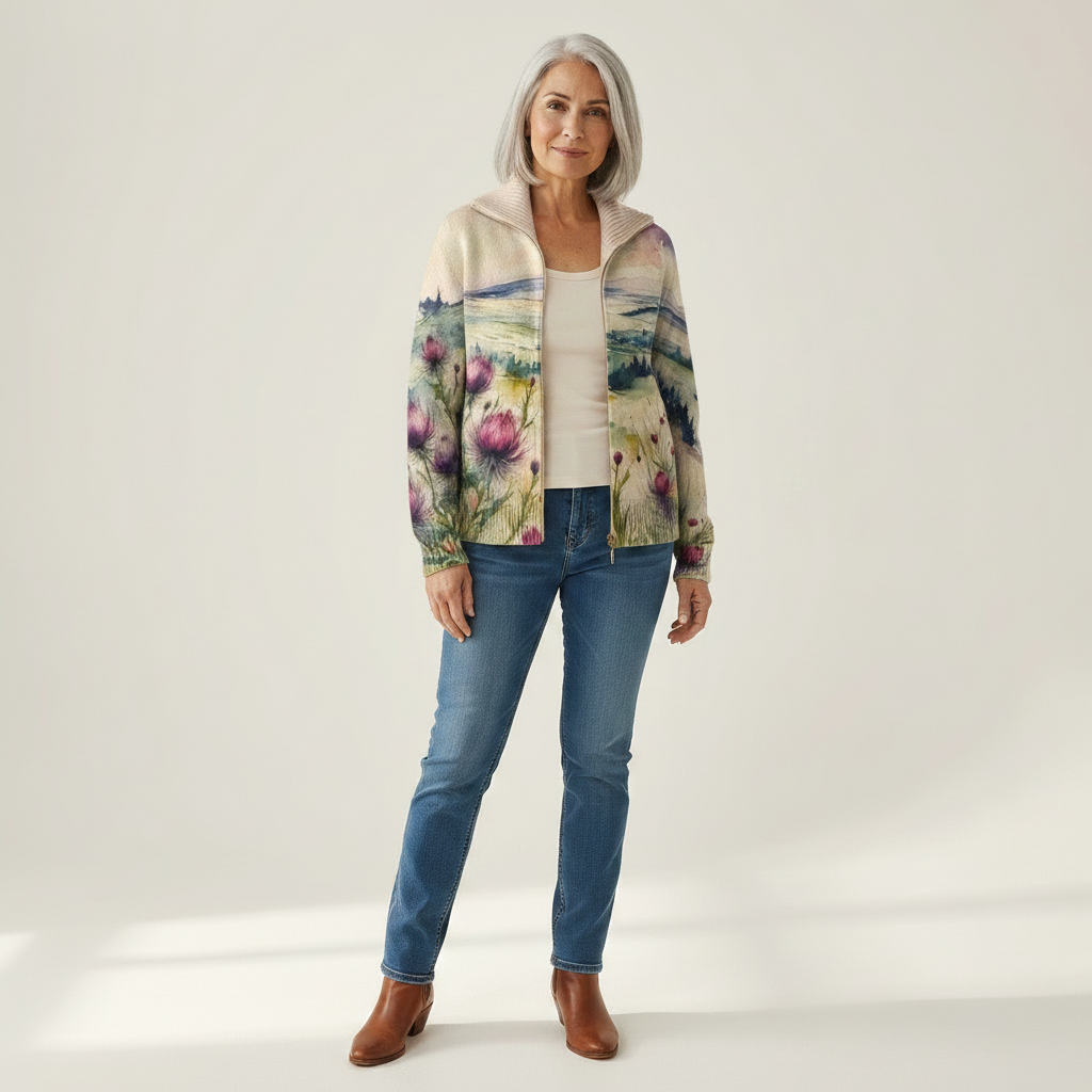 Heike | Cardigan con design di cardo e paesaggio