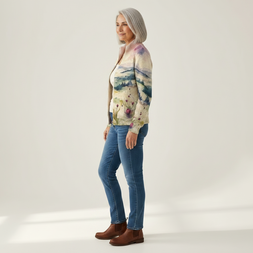 Heike | Cardigan con design di cardo e paesaggio