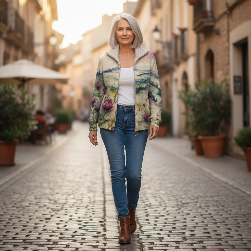Heike | Cardigan con design di cardo e paesaggio