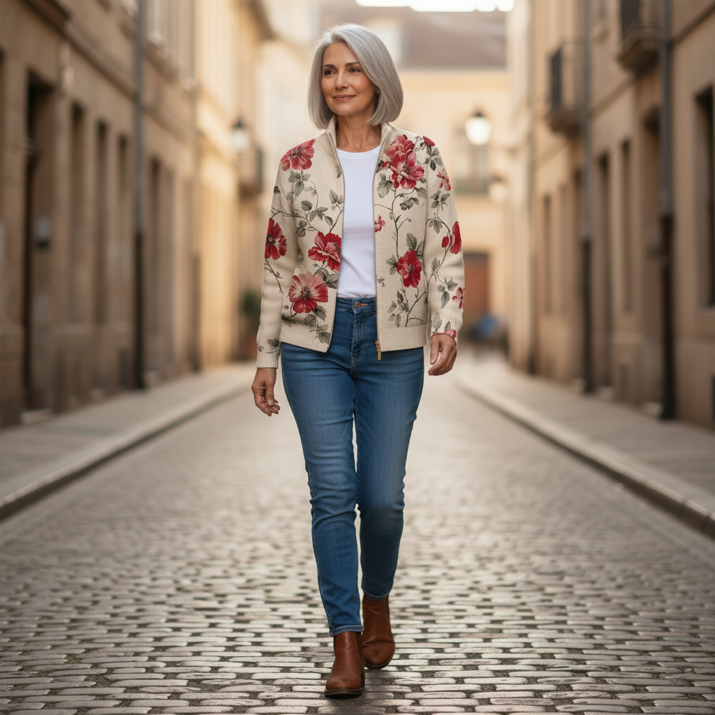 Monika | Cardigan con Stampa di Rose Vintage