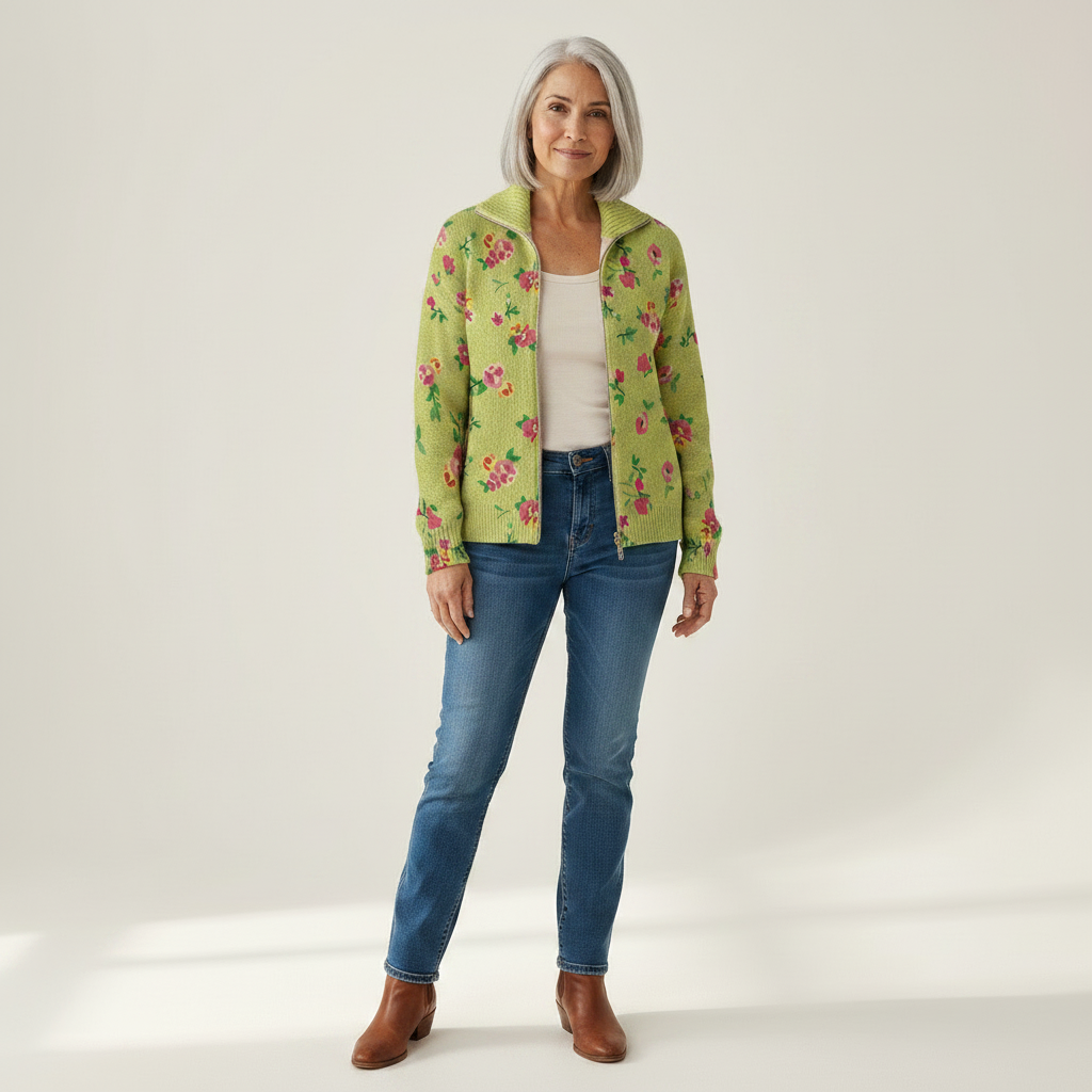Elke | Giacca Verde a Maglia con Motivo Floreale