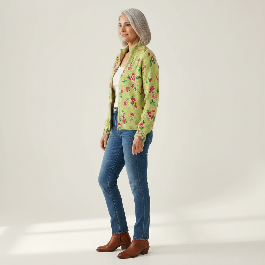 Elke | Giacca Verde a Maglia con Motivo Floreale