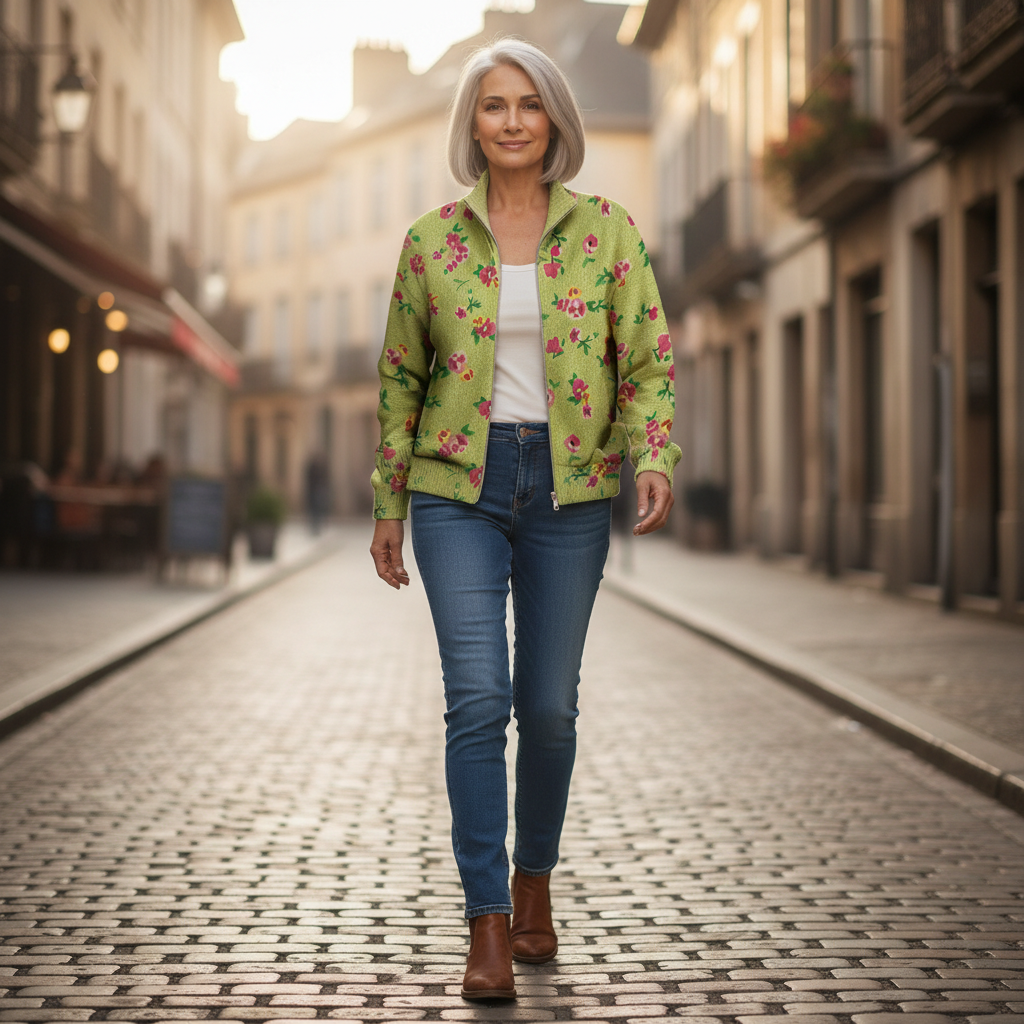 Elke | Giacca Verde a Maglia con Motivo Floreale