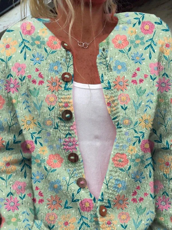 Verena | Cardigan floreale con bottoni in legno naturale