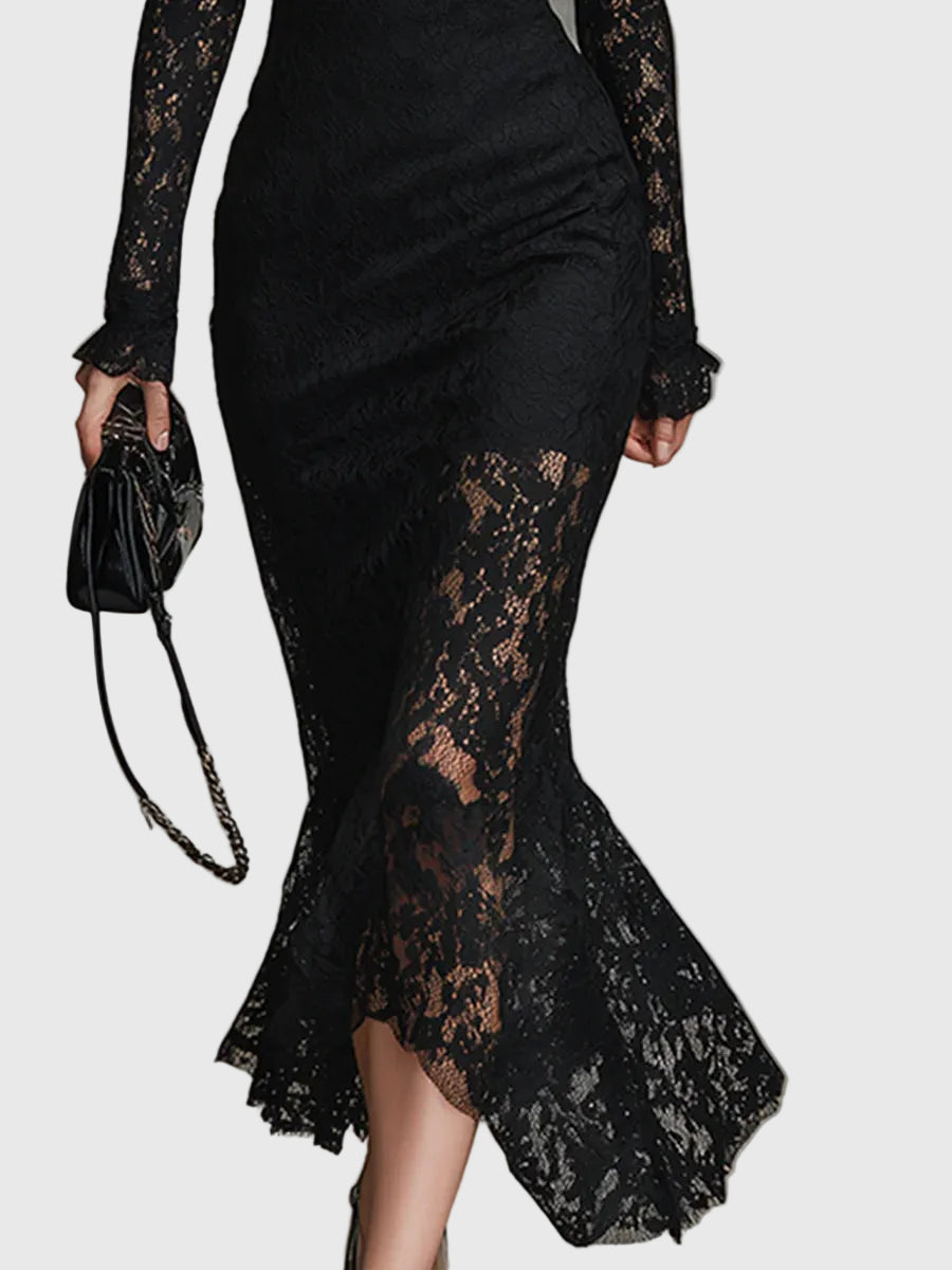 Monica | Elegante Abito Maxi Svasato in Pizzo