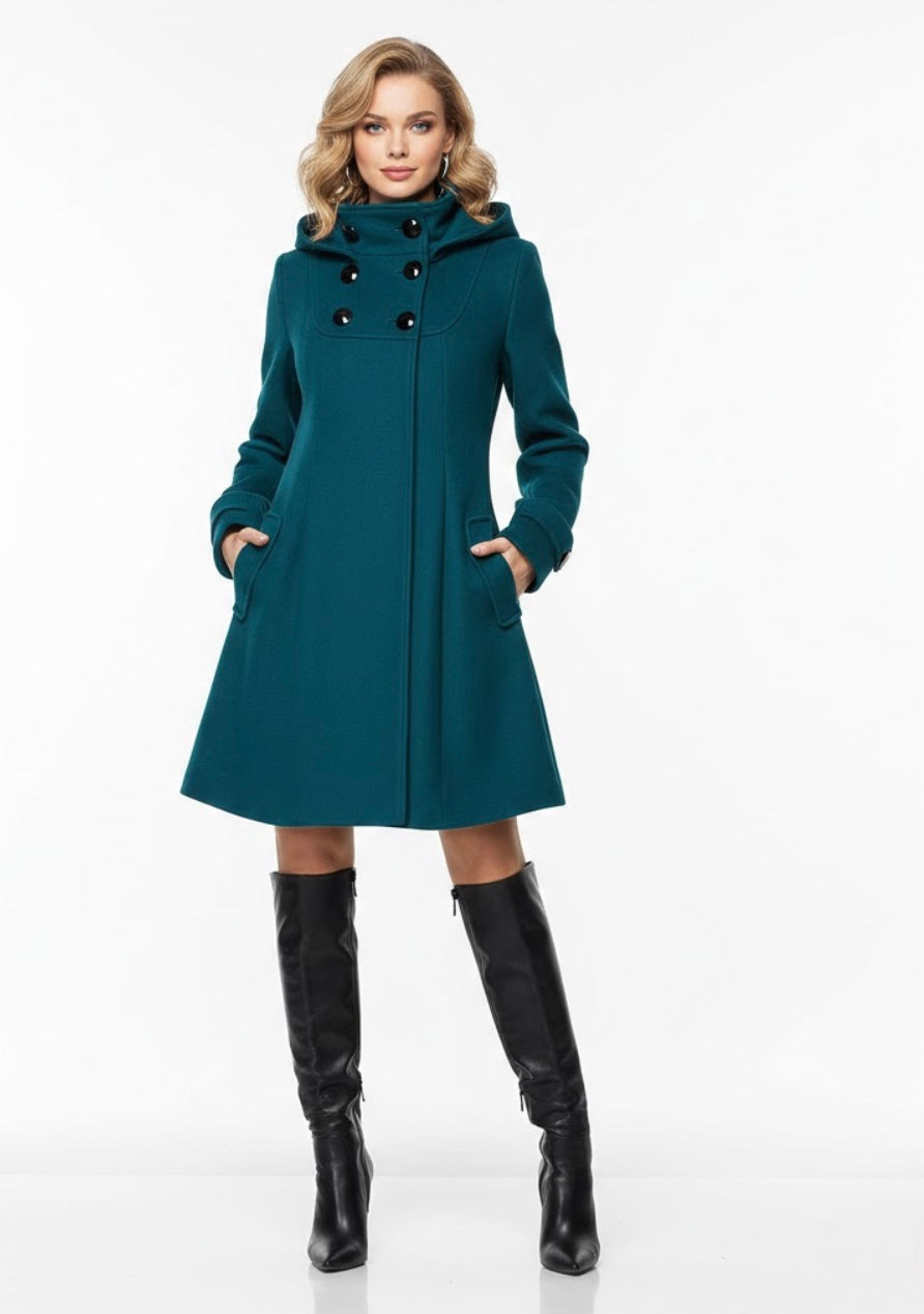 Alessia | Cappotto Svasato con Collo Alto e Bottoni Decorativi