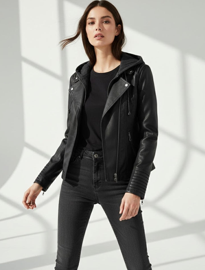 Giulia | Giacca Biker Effetto Pelle con Cappuccio