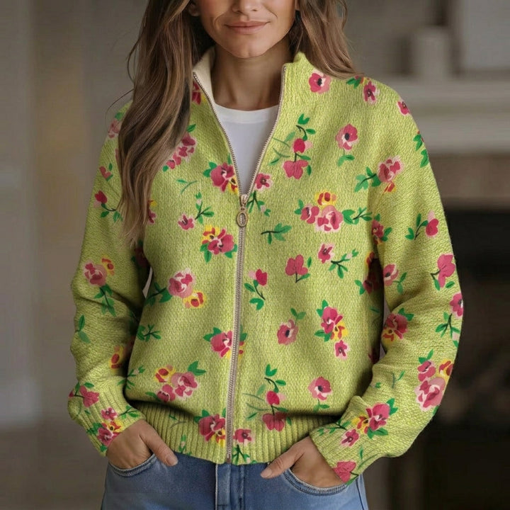 Elke | Giacca Verde a Maglia con Motivo Floreale