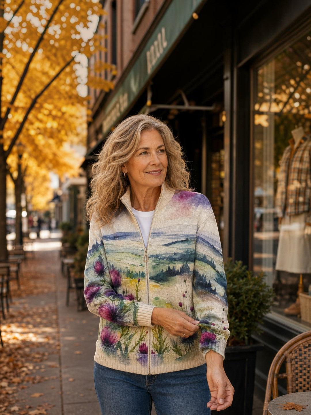 Heike | Cardigan con design di cardo e paesaggio