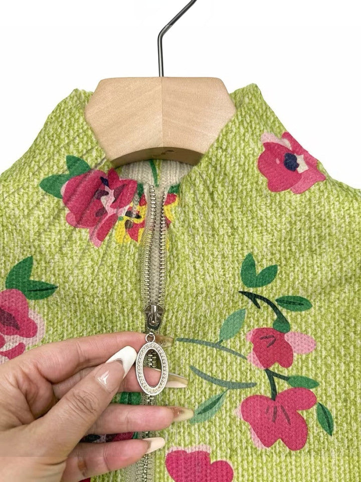 Elke | Giacca Verde a Maglia con Motivo Floreale