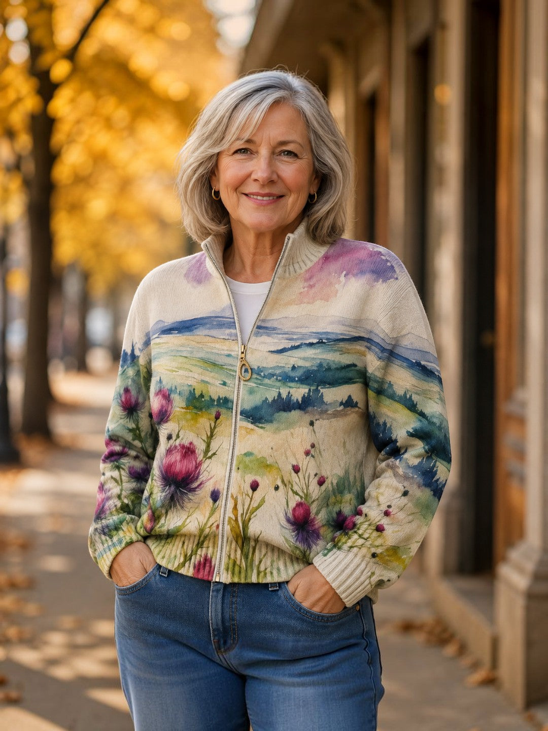 Heike | Cardigan con design di cardo e paesaggio