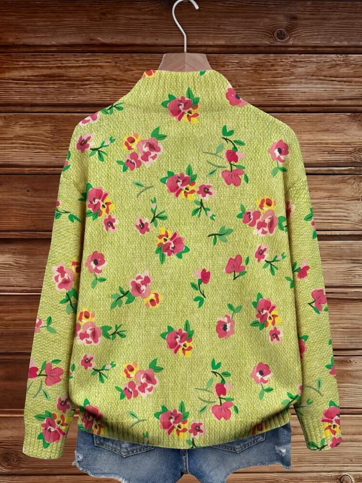 Elke | Giacca Verde a Maglia con Motivo Floreale