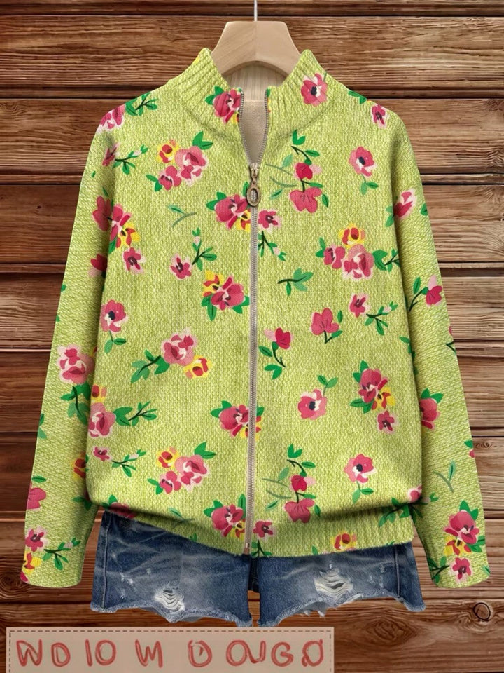 Elke | Giacca Verde a Maglia con Motivo Floreale
