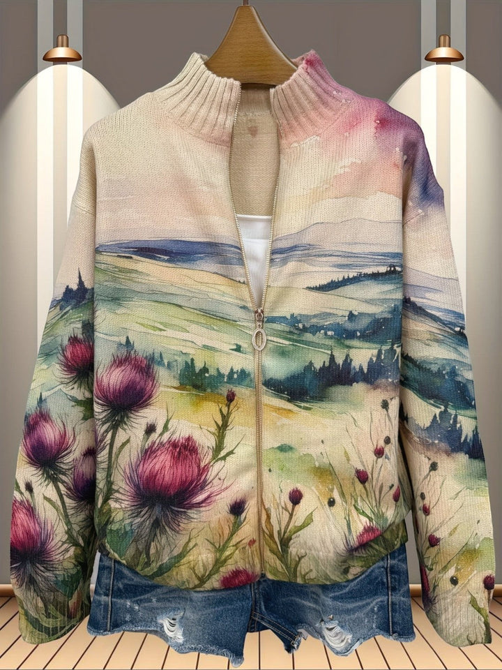Heike | Cardigan con design di cardo e paesaggio
